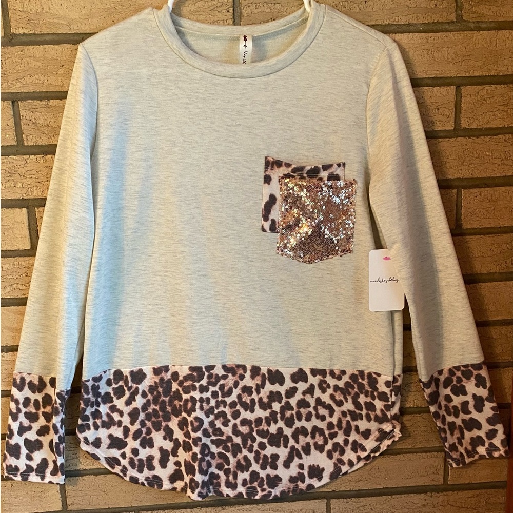 leopard and sequins long sleeve top